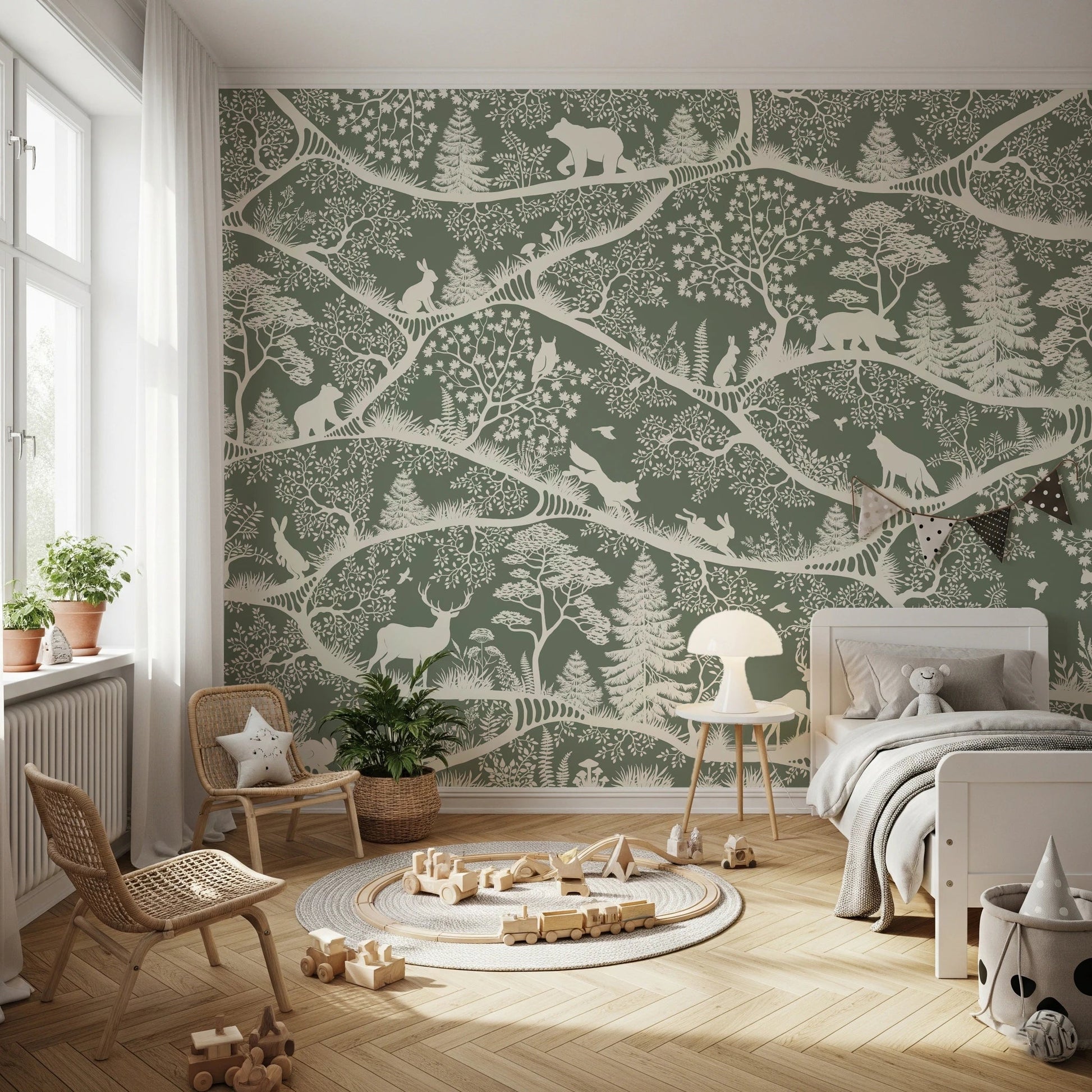 Nordic Forest themed wall mural showing bears and birds in a toddler's sleeping area.