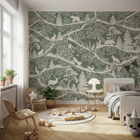 Nordic Forest themed wall mural showing bears and birds in a toddler's sleeping area.