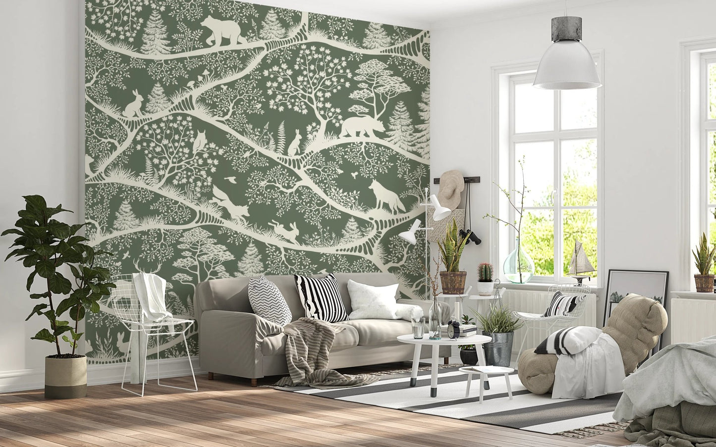 Nordic Nature Green White Wall Mural featuring woodland animals in a bright living area.