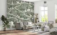 Nordic Nature Green White Wall Mural featuring woodland animals in a bright living area.