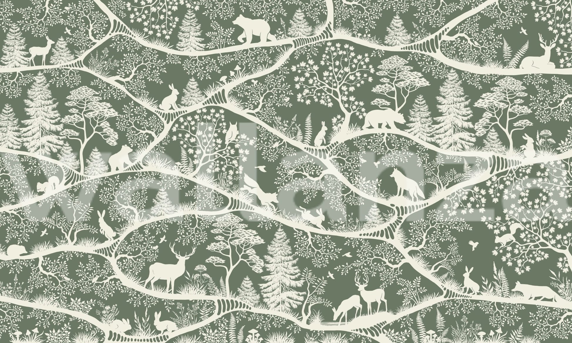 Nordic Nature Green White Wall Mural with Green woodland animal pattern.