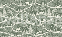 Nordic Nature Green White Wall Mural with Green woodland animal pattern.