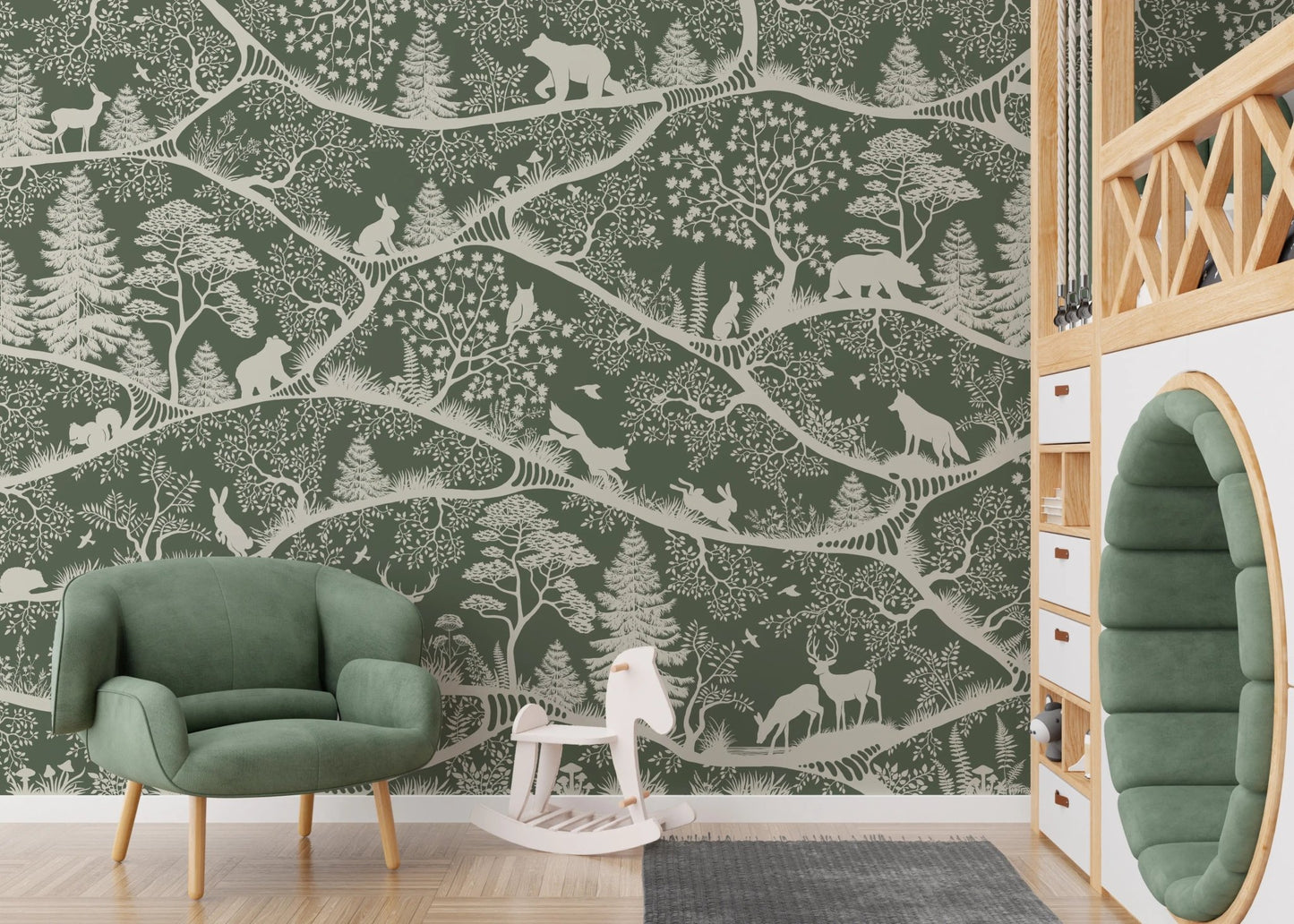 Nordic Nature Green White Wall Mural in a creative space with a green armchair.