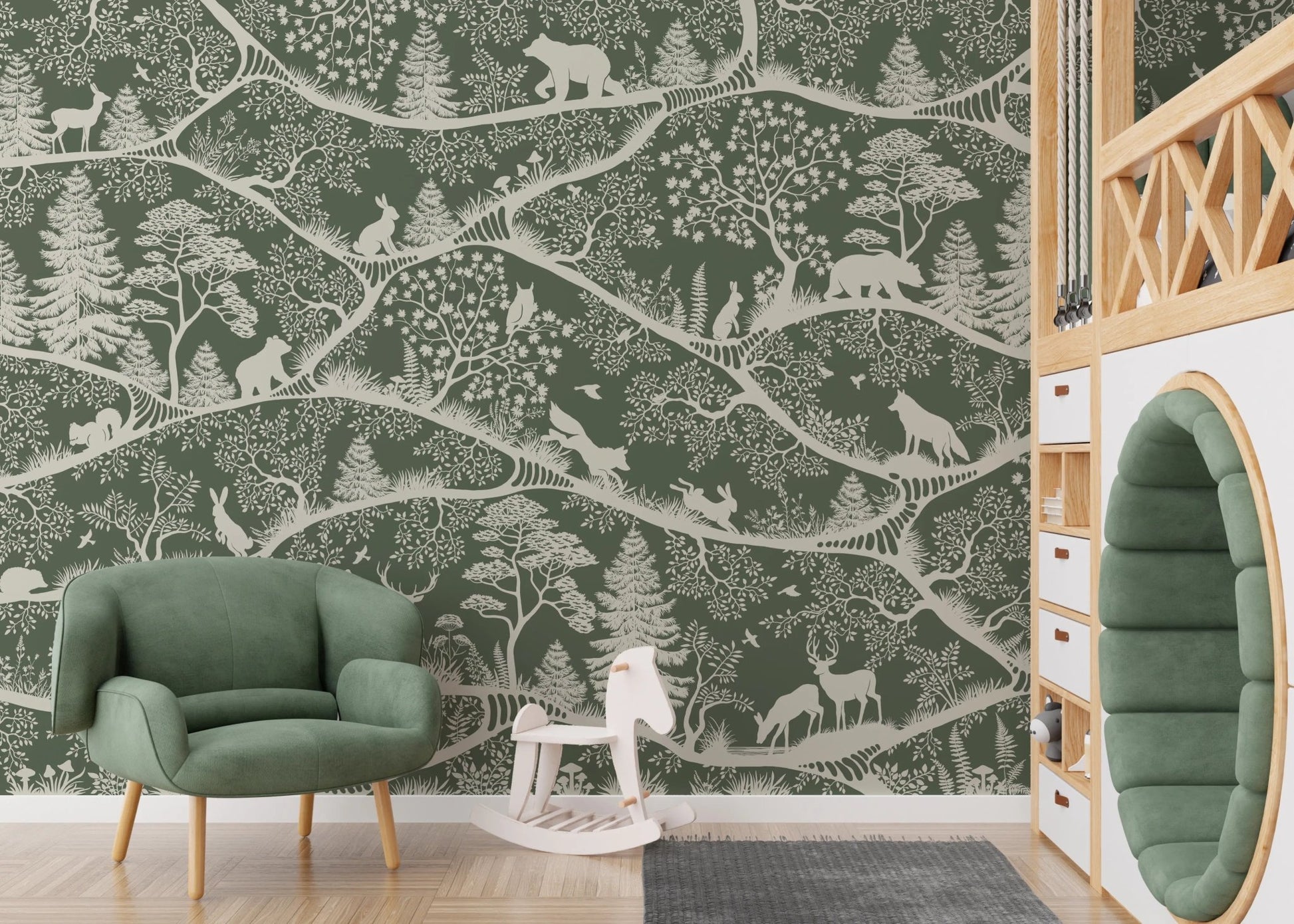 Nordic Nature Green White Wall Mural in a creative space with a green armchair.