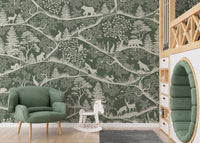 Nordic Nature Green White Wall Mural in a creative space with a green armchair.