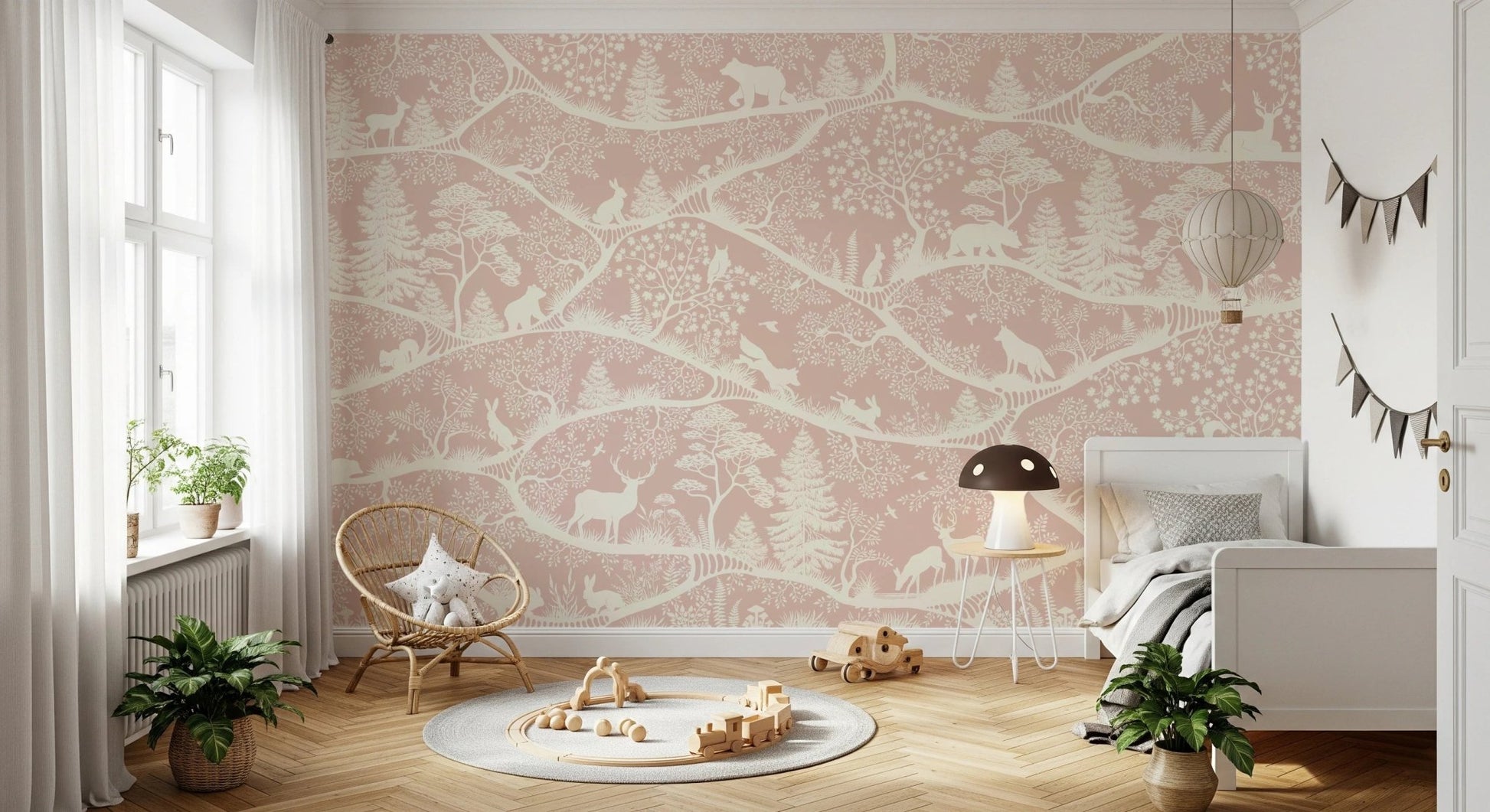 Pink forest landscape wall mural decorating a bright bedroom with potted plants.