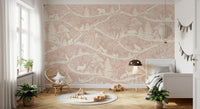 Pink forest landscape wall mural decorating a bright bedroom with potted plants.