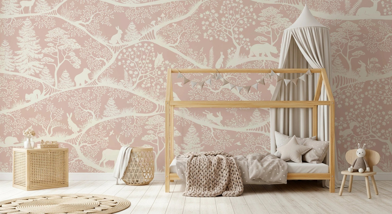 Nordic Nature Pink White Wall Mural in a minimalist kids' bedroom with a wooden bed.