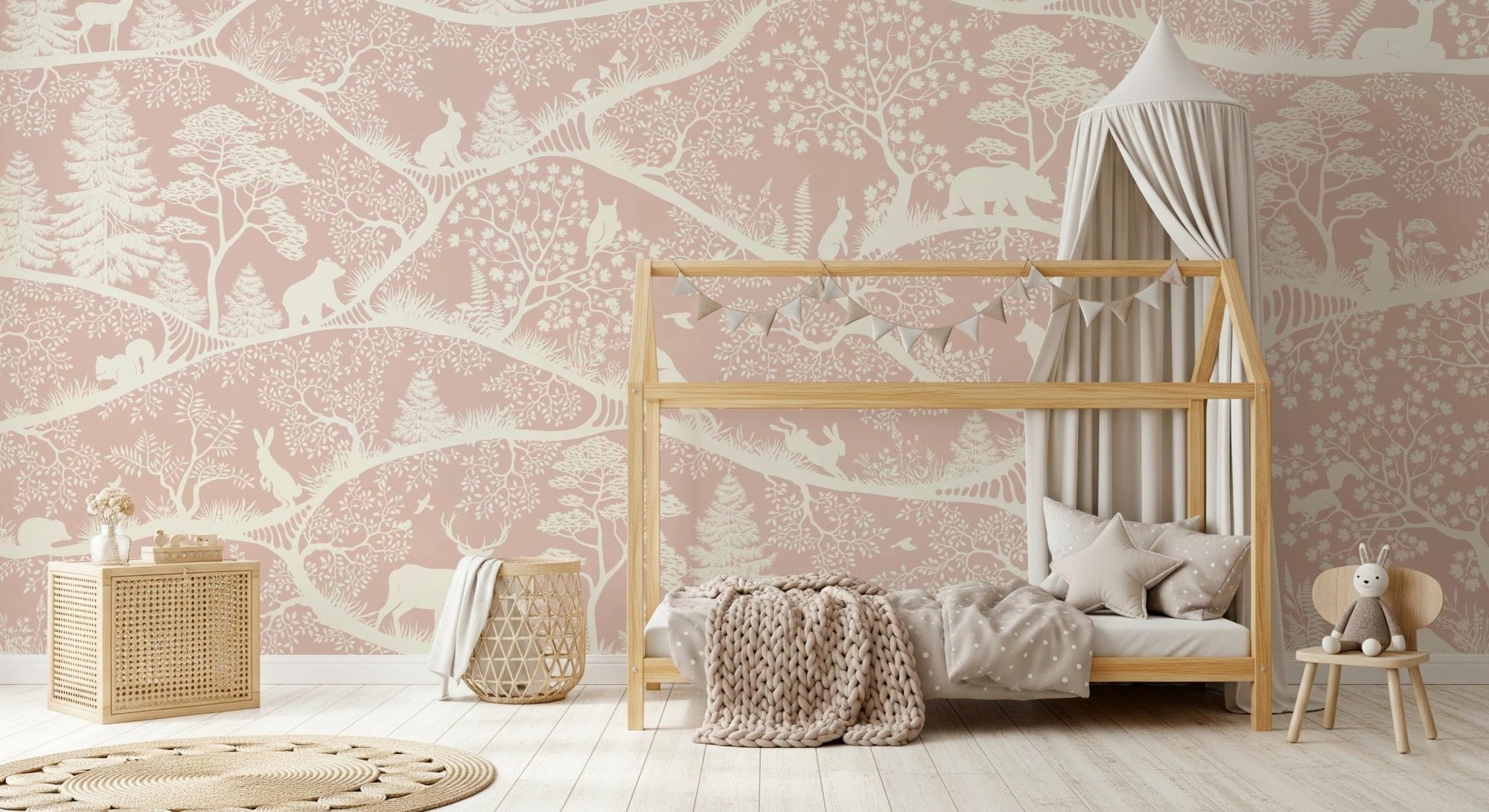 Nordic Nature Pink White Wall Mural in a minimalist kids' bedroom.