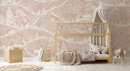 Nordic Nature Pink White Wall Mural in a minimalist kids' bedroom.