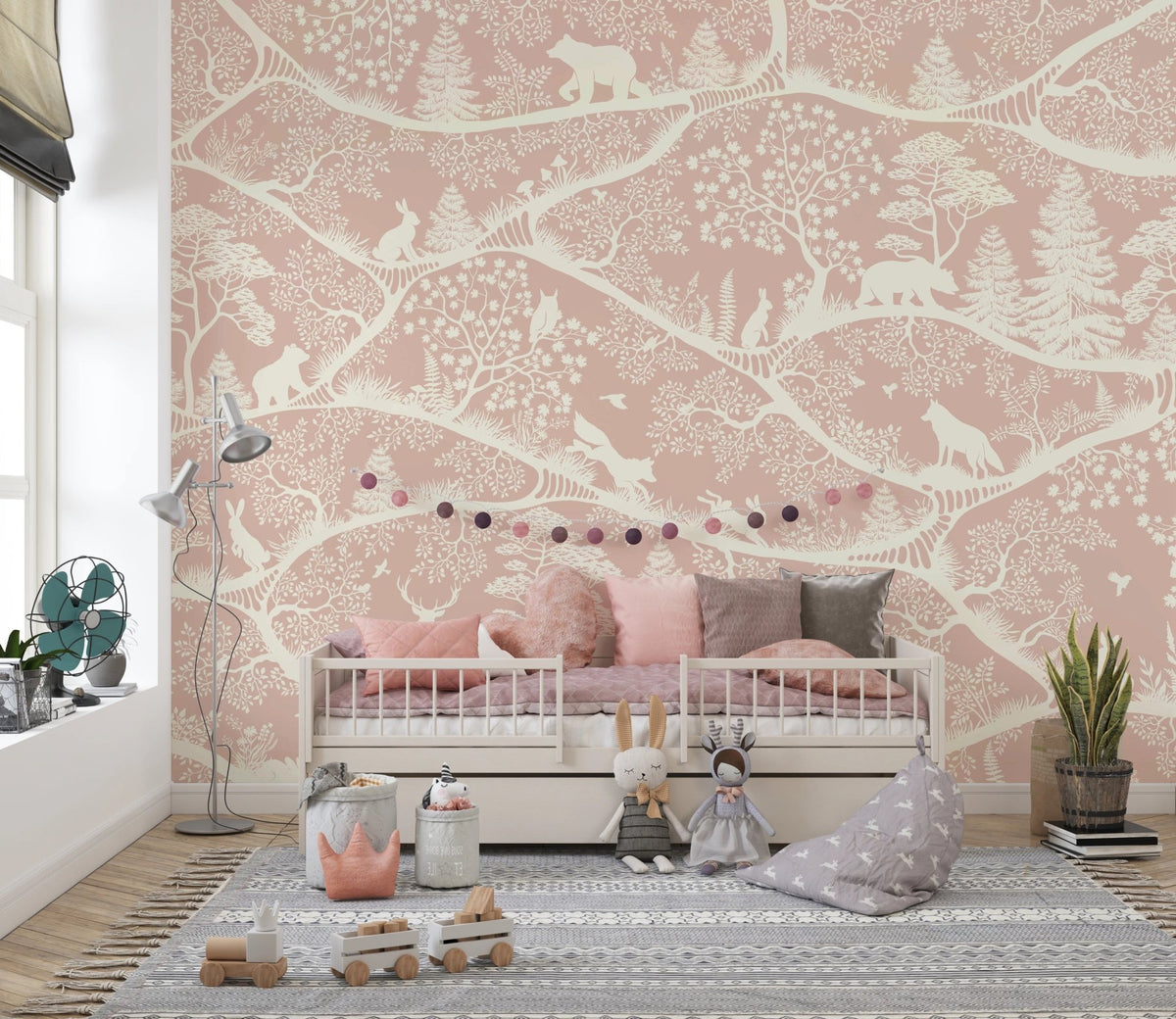 Soft pink and white nature wall mural in a contemporary playroom.