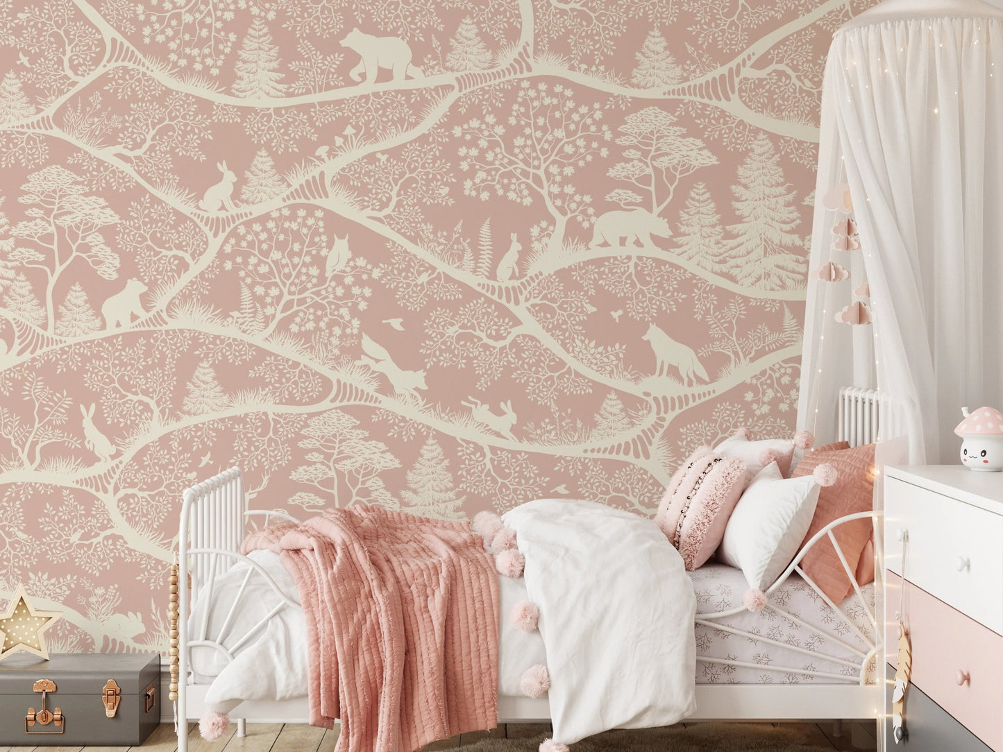 Nordic Nature Pink White Wall Mural styled in a sunlit child's room with white bedding.