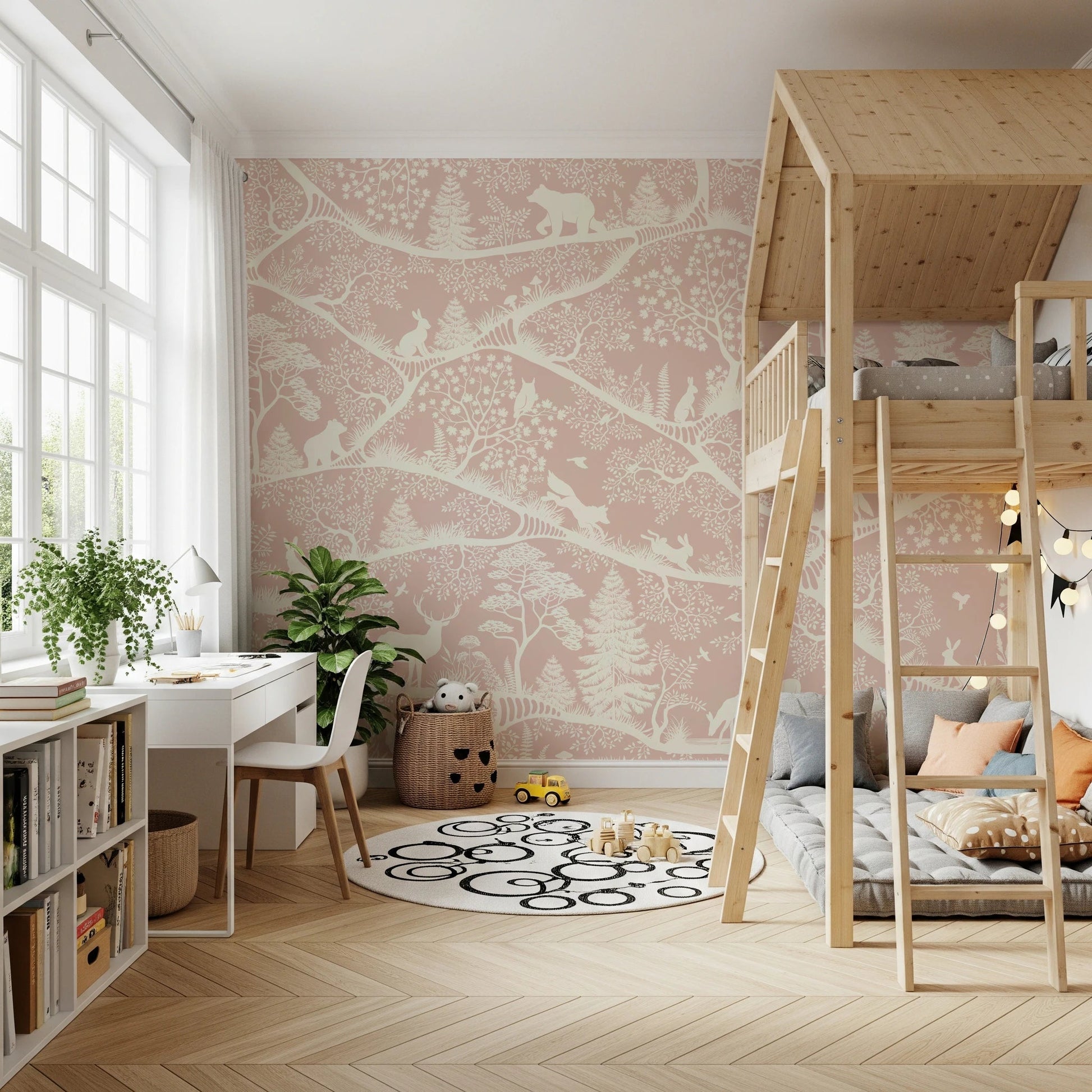 Pink scenic forest wall mural featuring deer and birds in a modern study space.