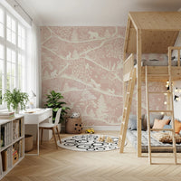 Pink scenic forest wall mural featuring deer and birds in a modern study space.