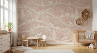 Large scale nature wall mural in toddler room with wooden furniture and natural light.