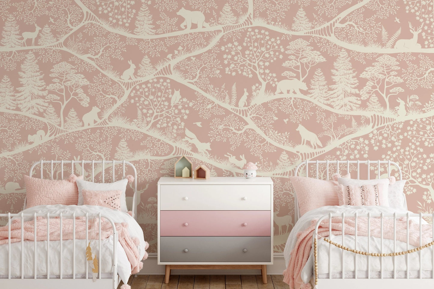 Symmetrical twin bedroom layout featuring the Nordic Nature Pink White Wall Mural.