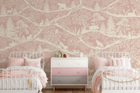 Symmetrical twin bedroom layout featuring the Nordic Nature Pink White Wall Mural.