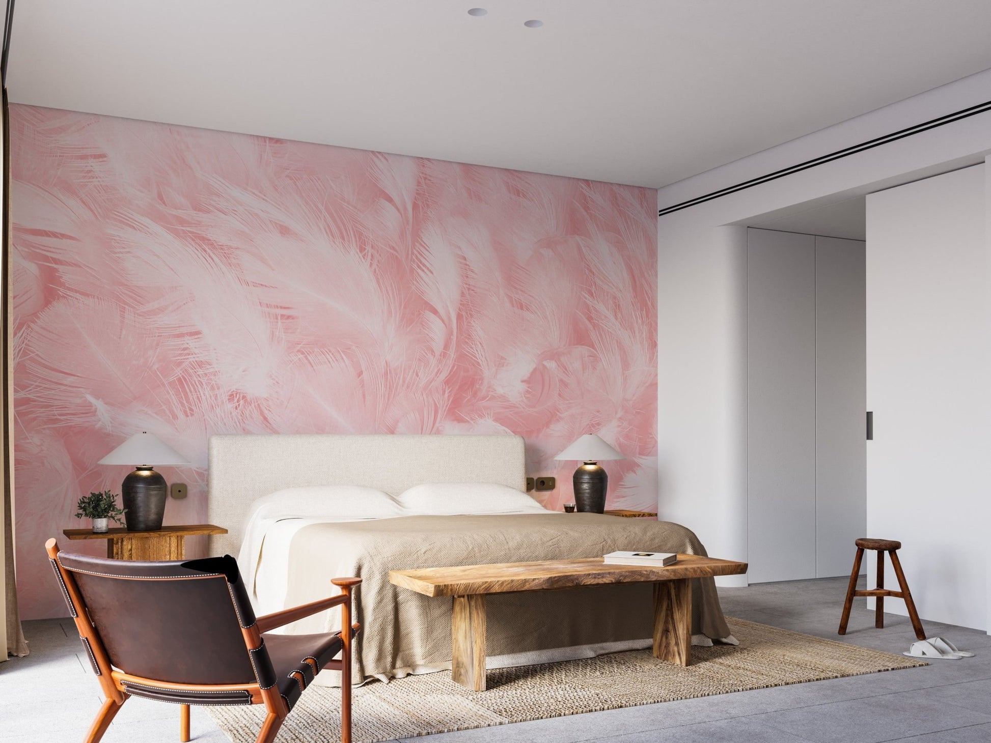 Bedroom wall mural with soft pink vintage feather design