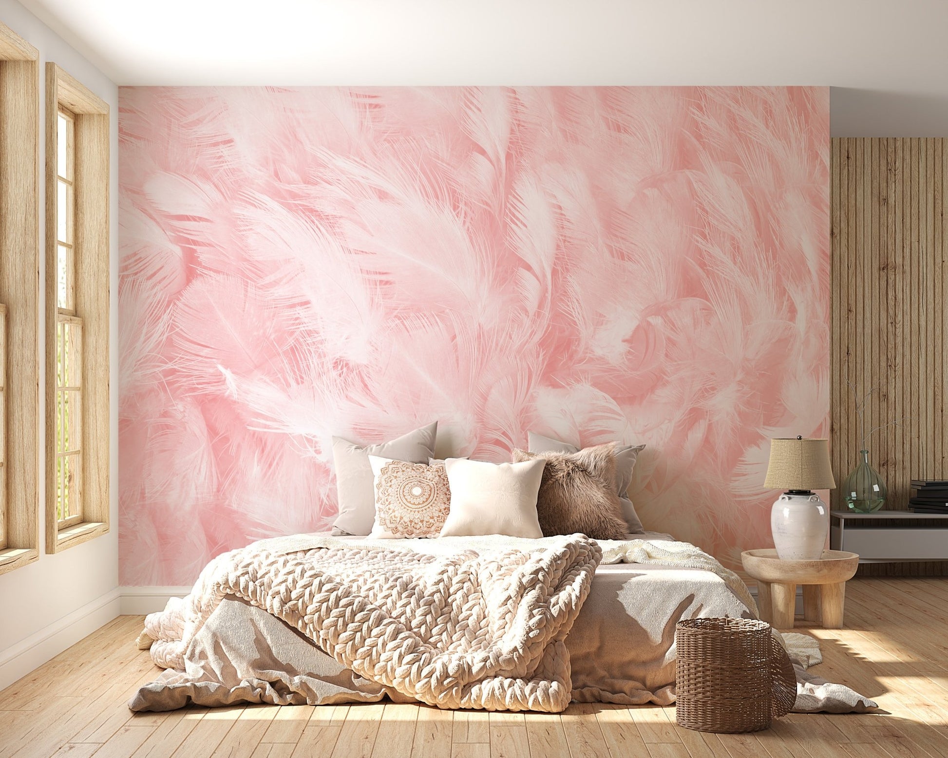 Light pink bedroom wallpaper with artistic feather motifs