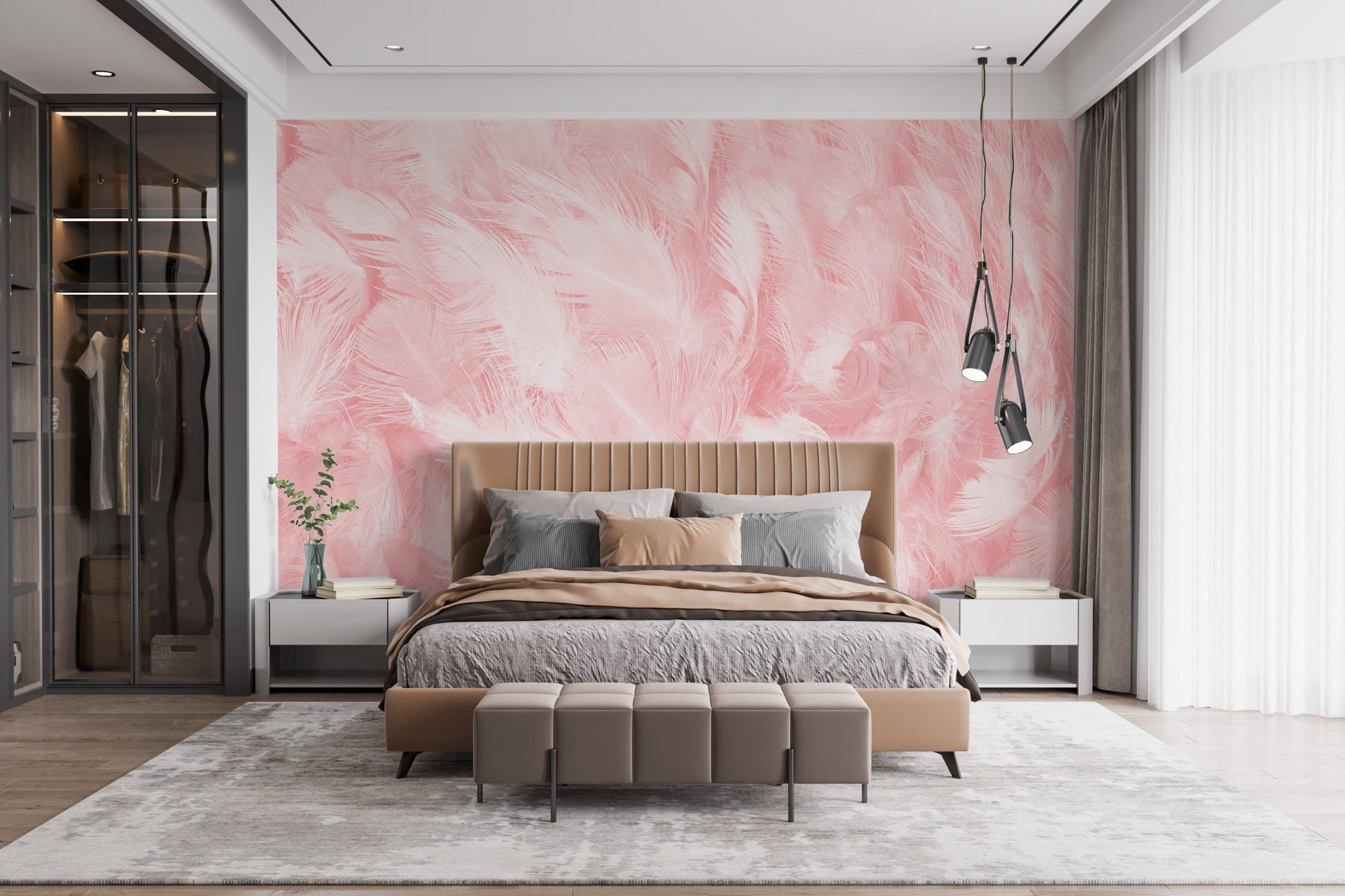 Nostalgic Pink Vintage Feathers Murals in a serene bedroom