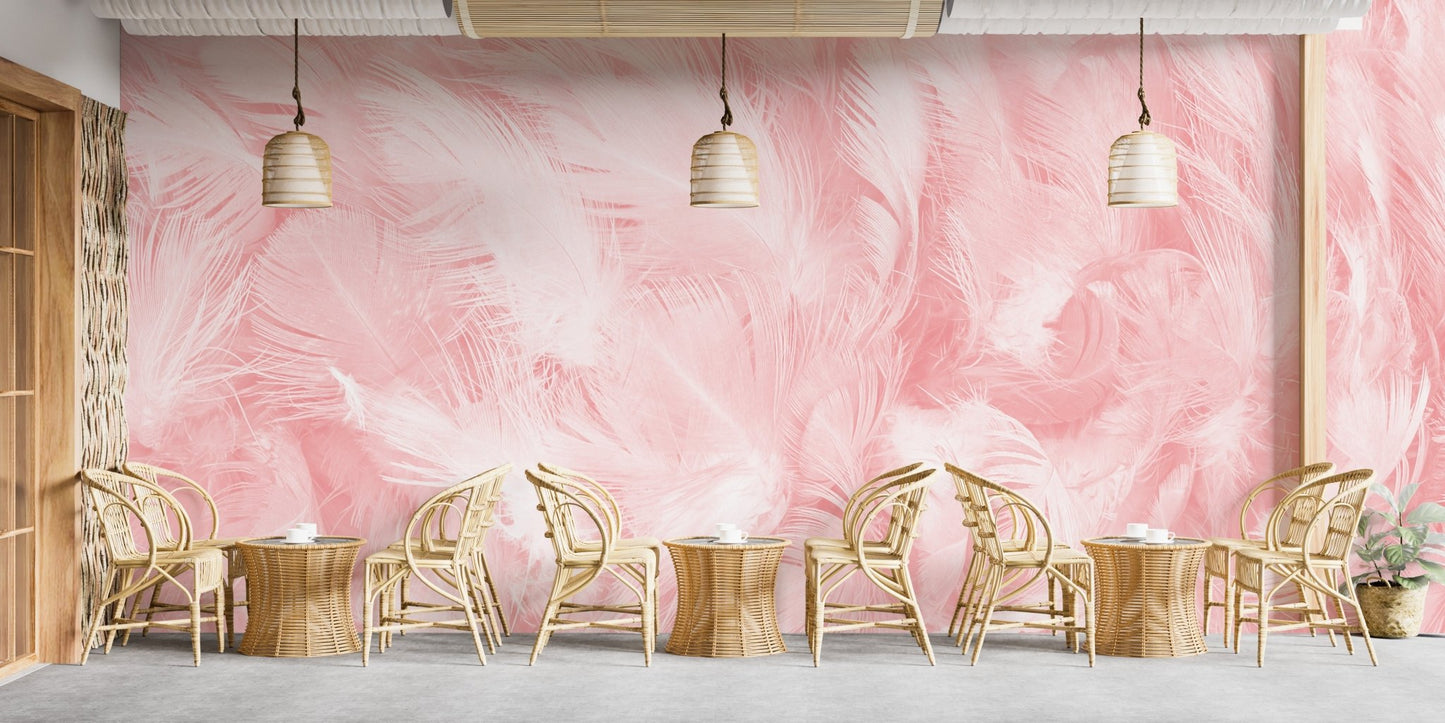 Minimalist dining space featuring a vintage feather wall mural