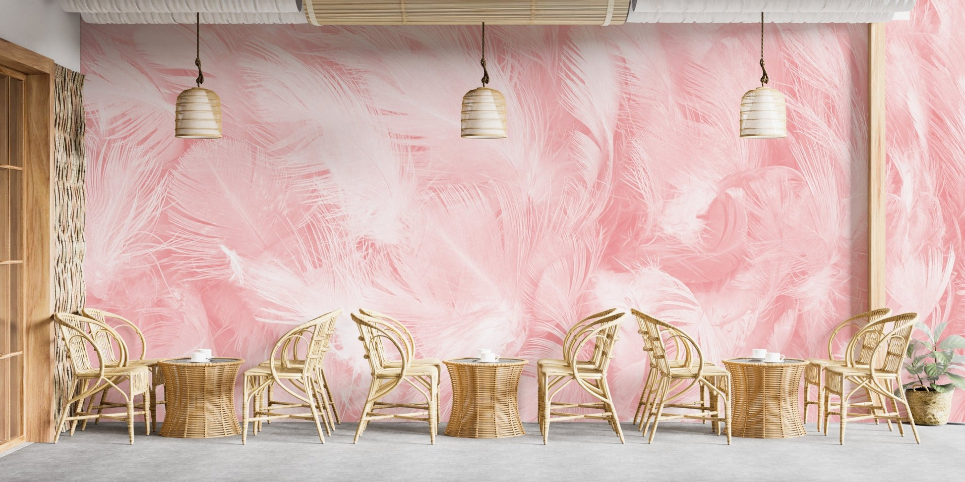 Minimalist dining space featuring a vintage feather wall mural