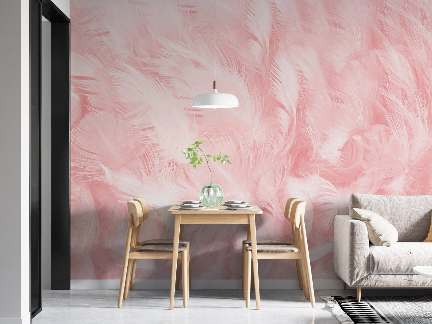 Abstract pink feather wallpaper behind a wooden dining table