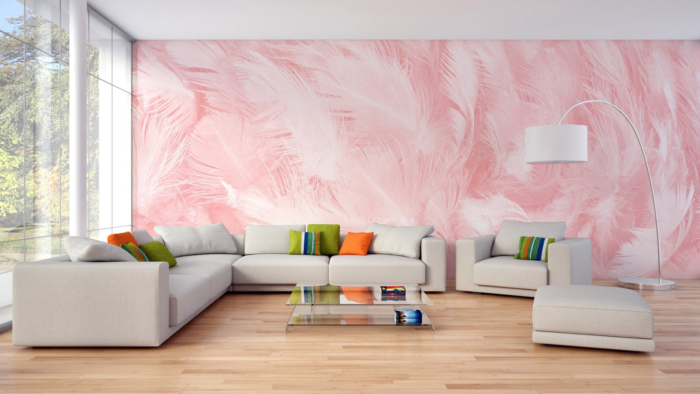 Soft pink patterned wallpaper in a minimalist home office