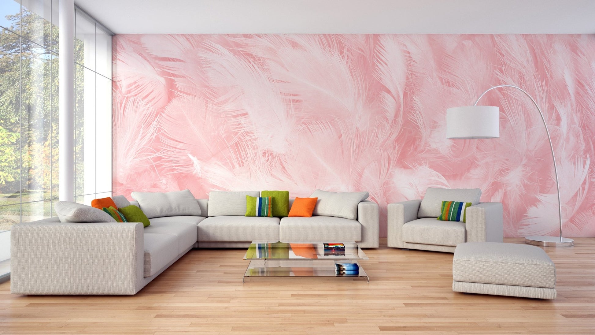 Soft pink patterned wallpaper in a minimalist home office