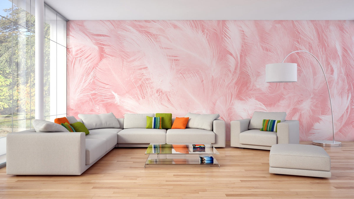 Soft pink patterned wallpaper in a minimalist home office