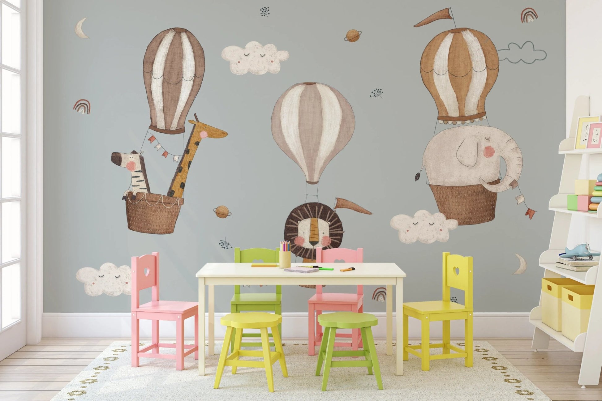 Sage green nursery sky scene wall mural.