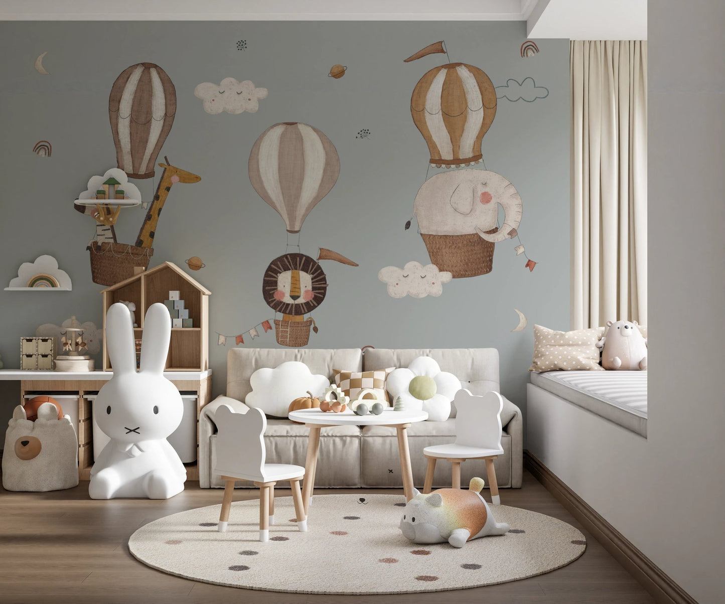 Illustrated jungle creatures in flight wall mural for walls.