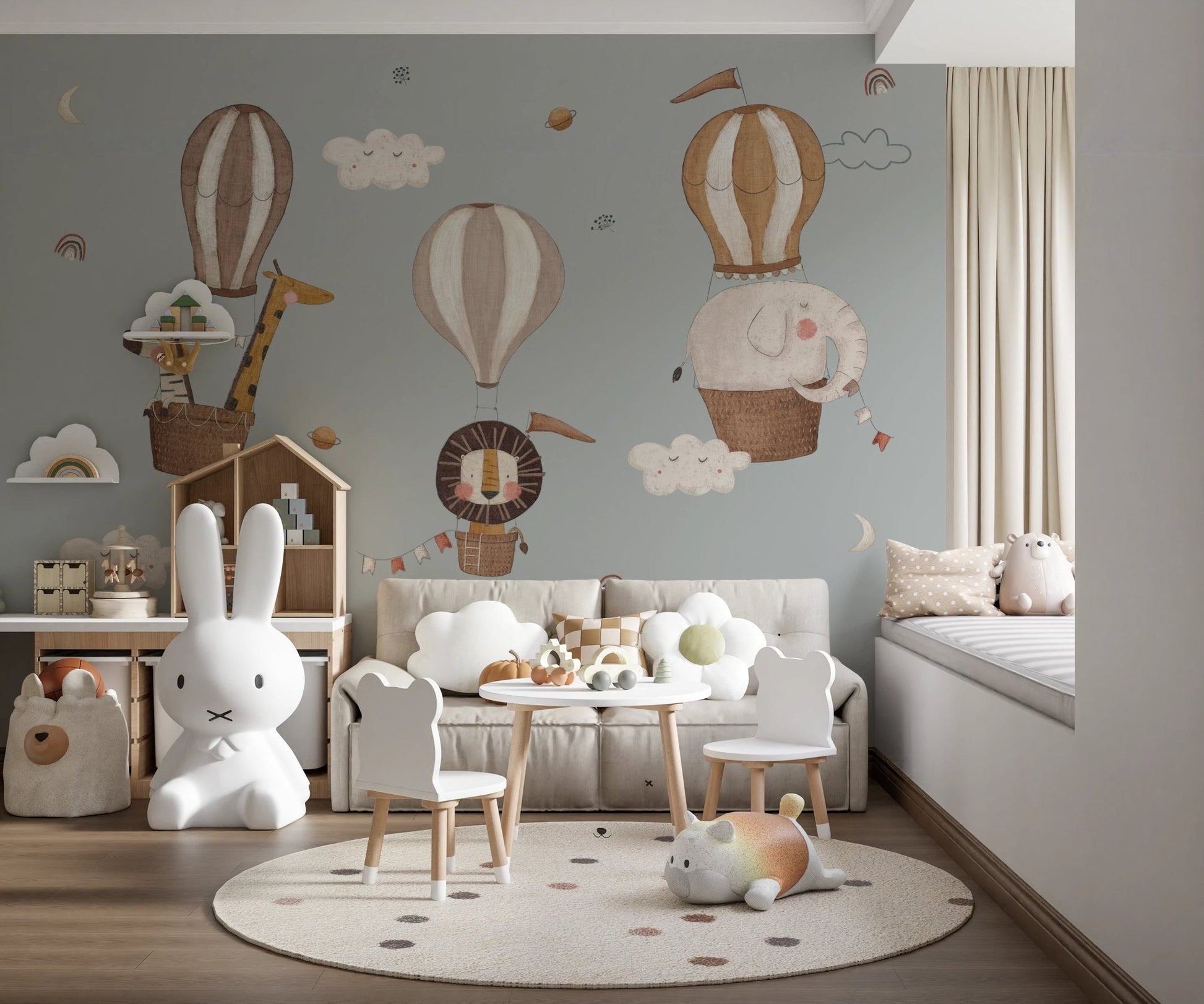 Illustrated jungle creatures in flight wall mural for walls.