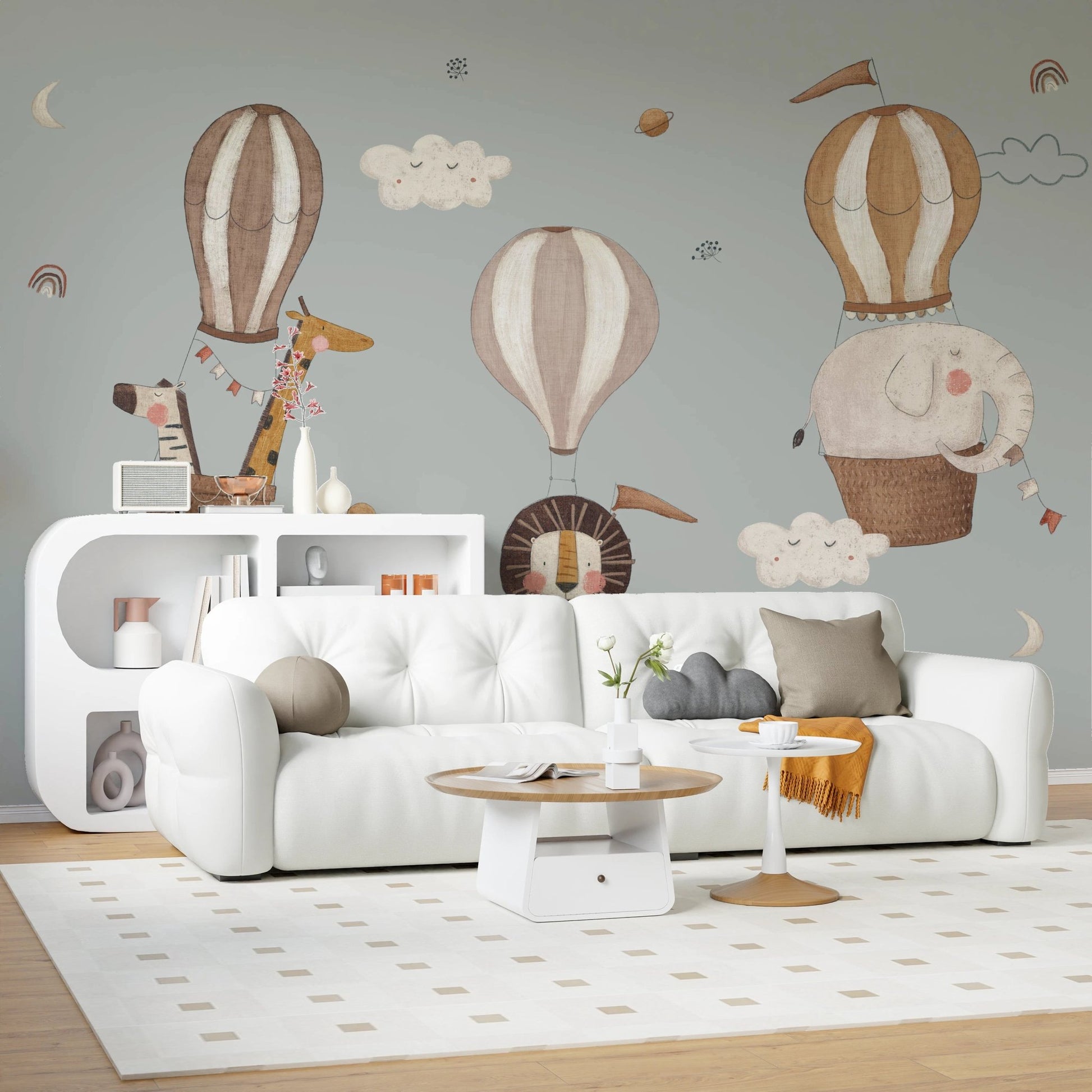 Whimsical elephant and giraffe clouds wall mural.