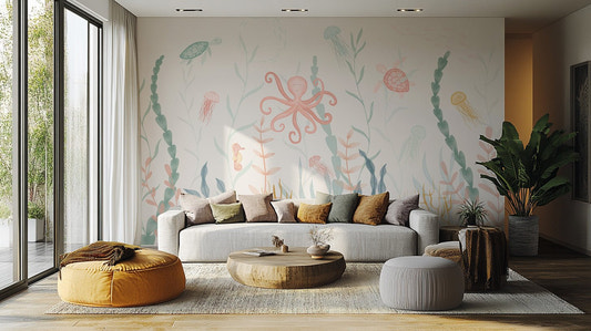 Nursery marine life wallpaper mural with pastel octopus and coral.