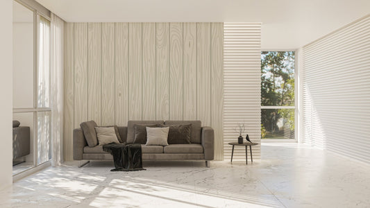 Light wood wall mural in a living area with modern cream seating.