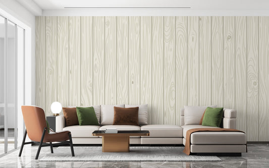 Light oak wall mural for walls in a modern living space with wooden table.