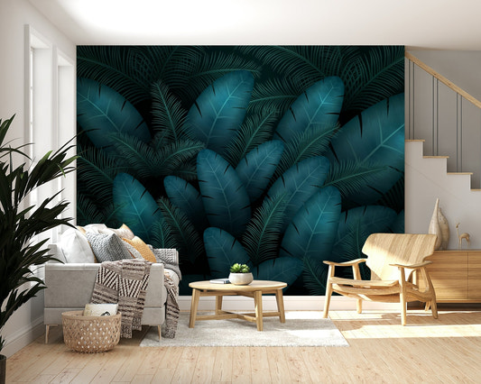 Living room tropical teal leaves feature wall decor