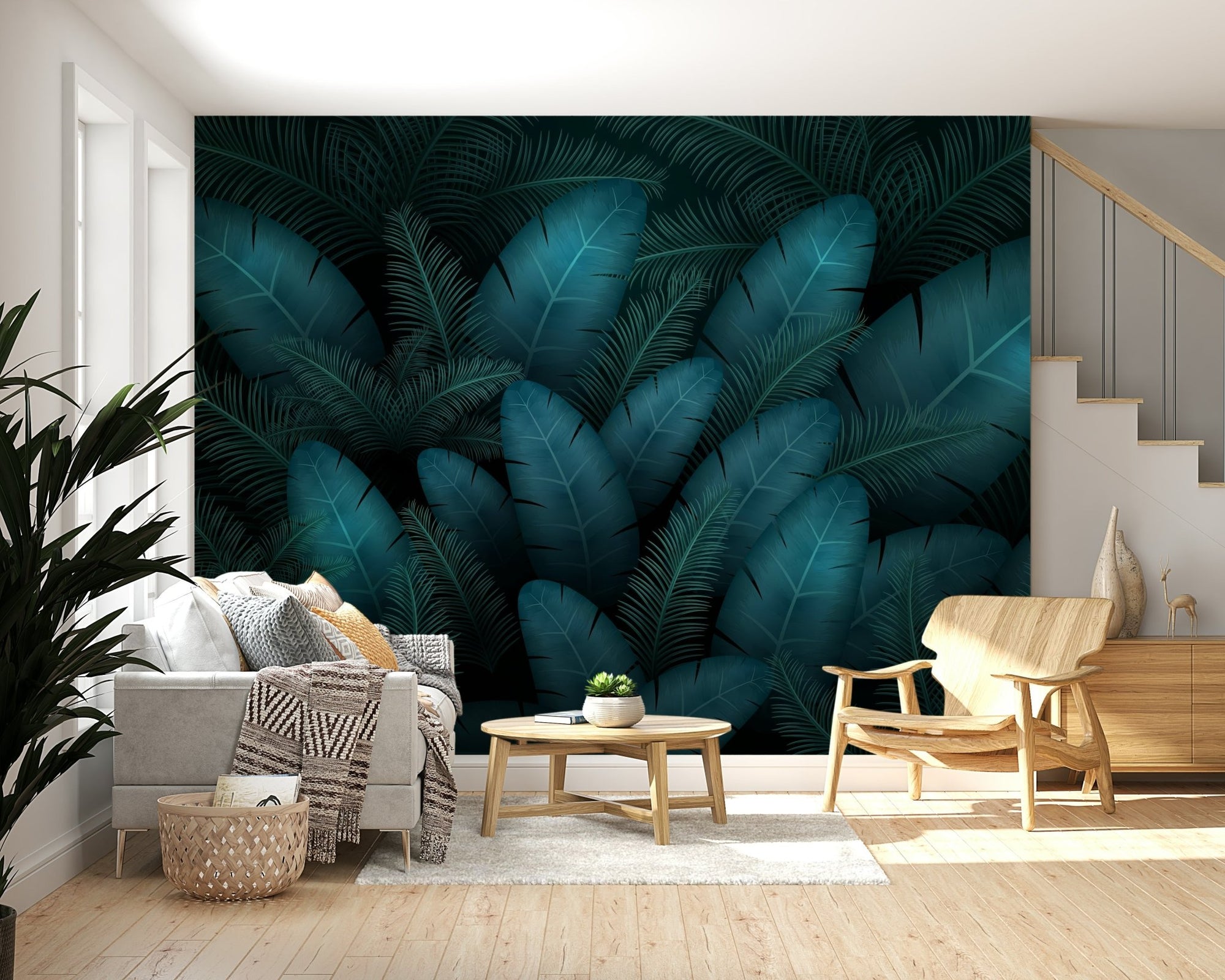 Living room tropical teal leaves feature wall decor