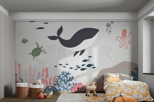 Playful ocean adventure wall mural for kids bedroom walls.