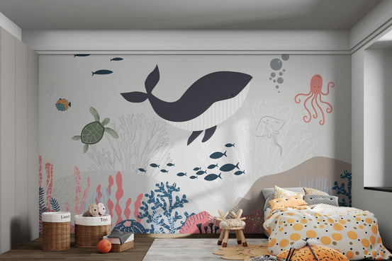 Playful ocean adventure wall mural for kids bedroom walls.