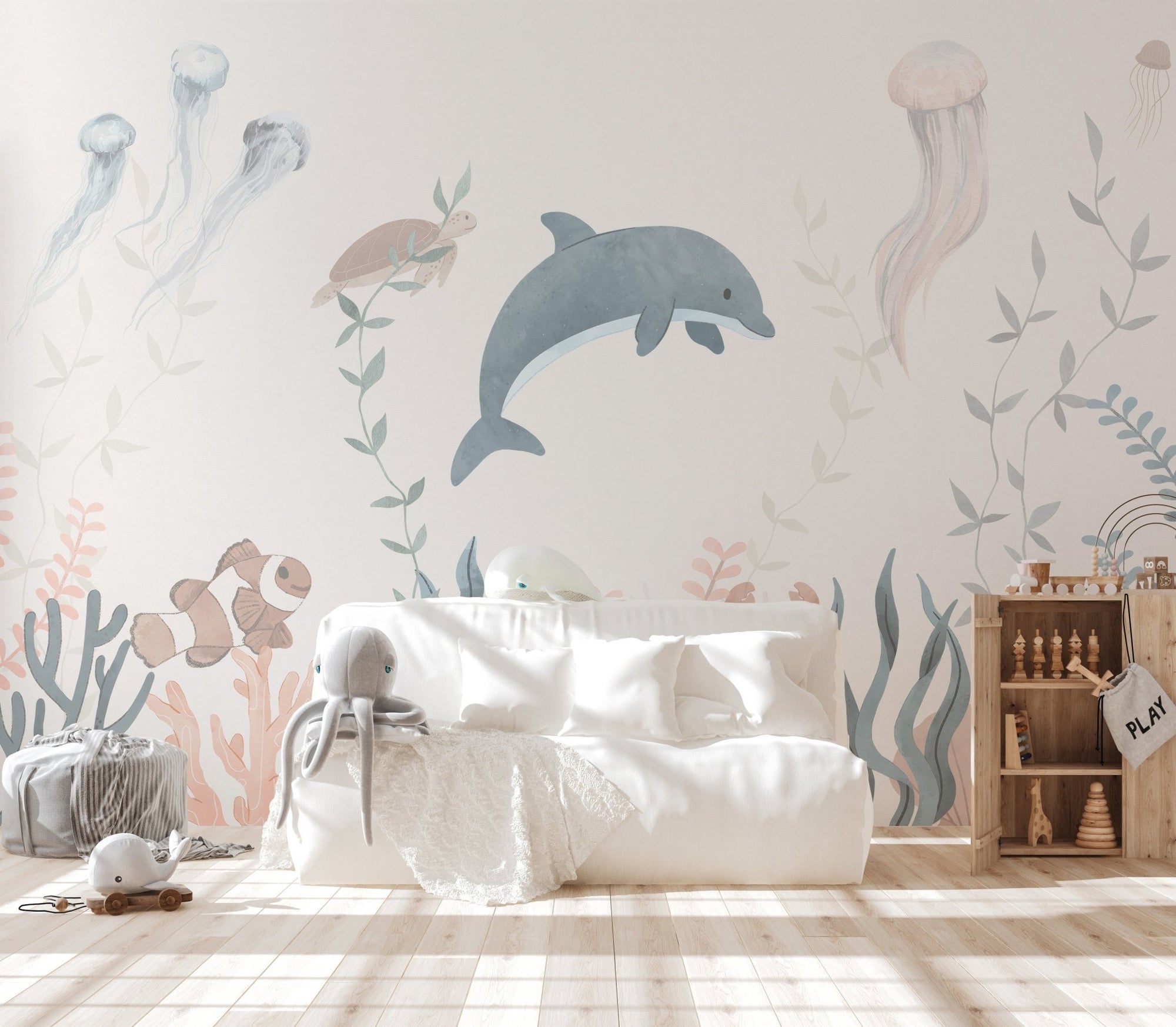 Ocean bliss wallpaper mural pastel marine life wallpaper design.