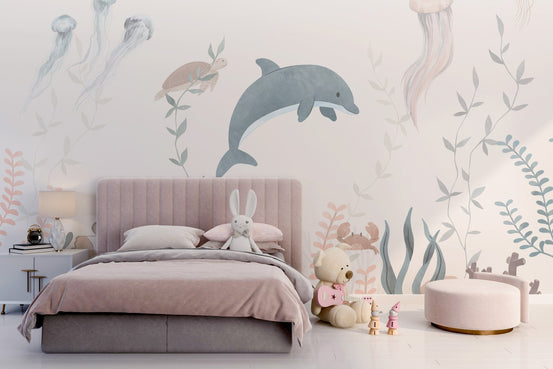 Soft ocean wildlife wallpaper artistic sea wall mural decor.
