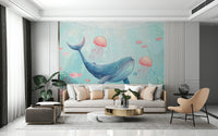 Ocean Dreamscape Wall Mural featuring soft blue waves and sandy textures.