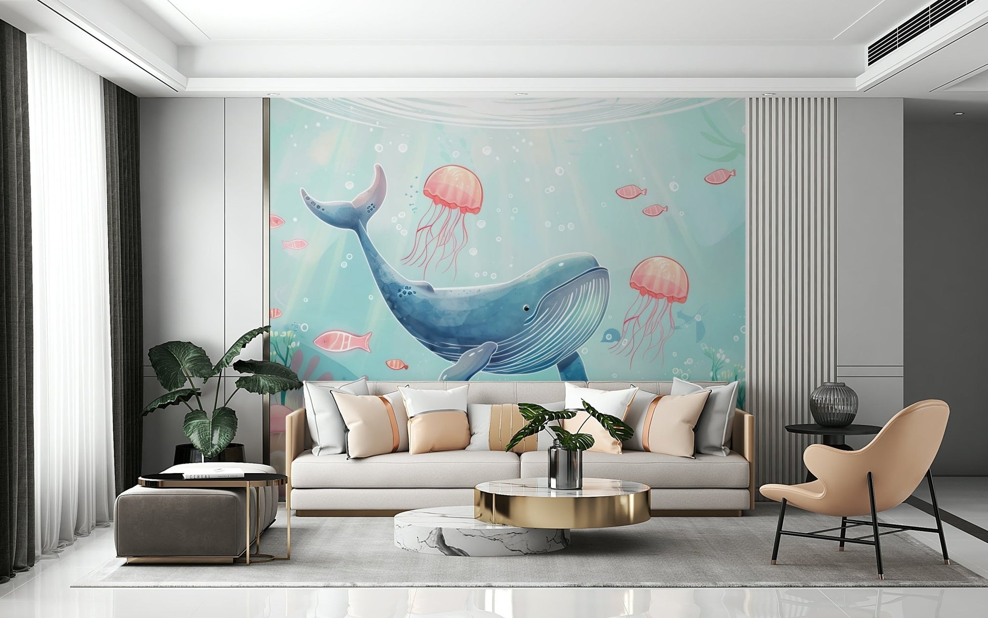 Ocean Dreamscape Wall Mural featuring soft blue waves and sandy textures.