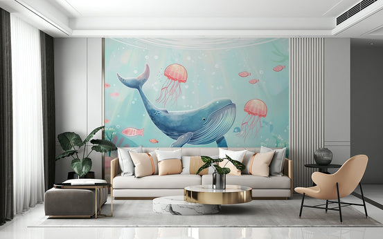 Ocean Dreamscape Wall Mural featuring soft blue waves and sandy textures.