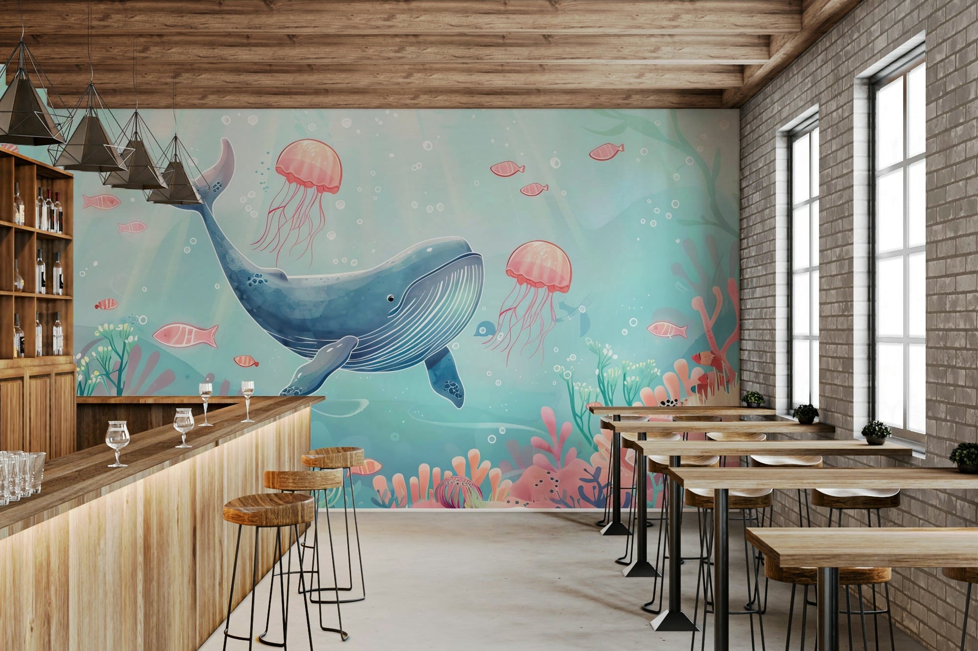 Calming maritime wallpaper depicting a peaceful morning beach scene.