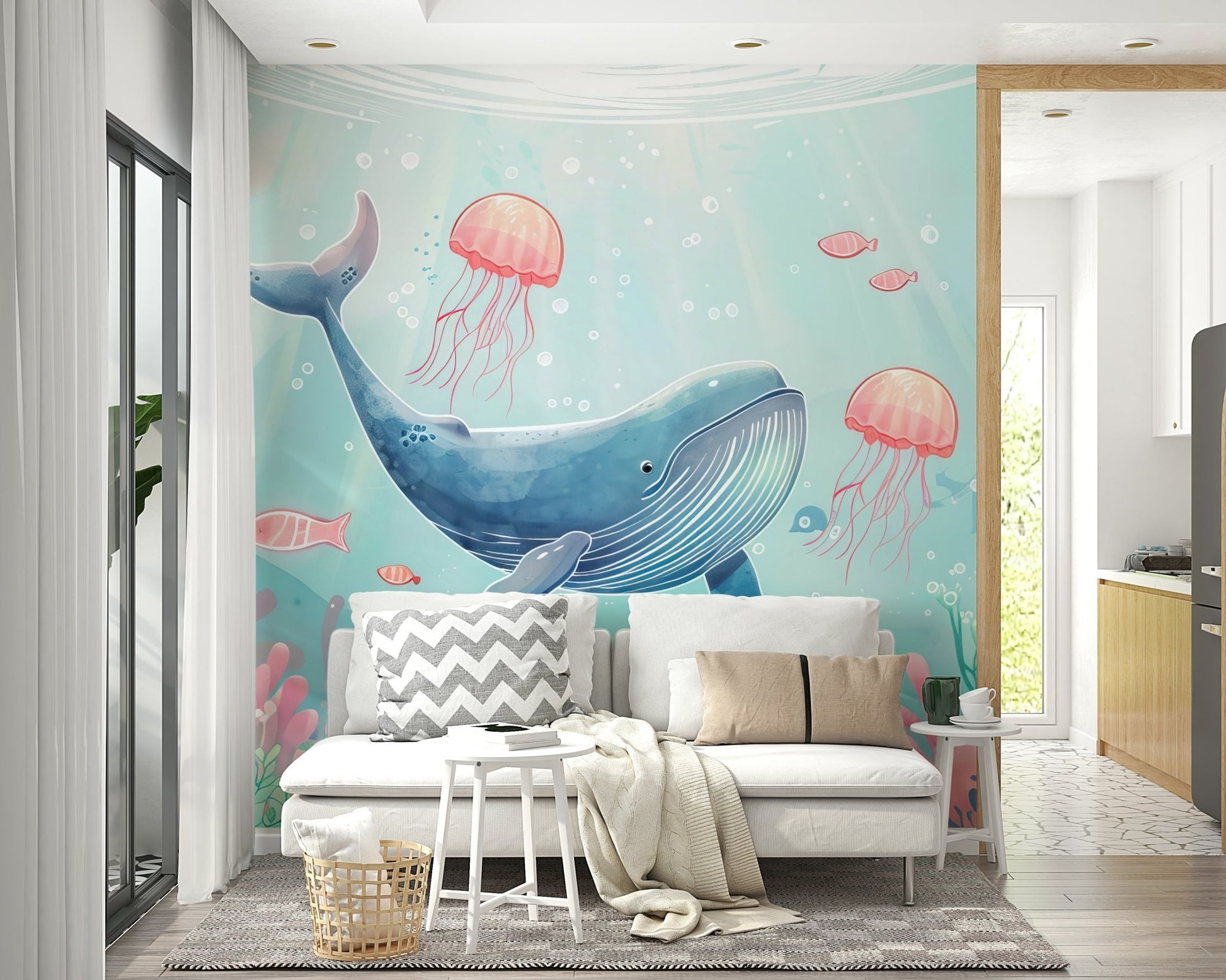 Artistic ocean view wall mural with deep turquoise and azure tones.