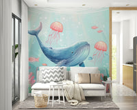 Artistic ocean view wall mural with deep turquoise and azure tones.