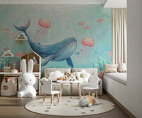 Modern seaside mural showcasing a vast blue horizon and gentle surf.